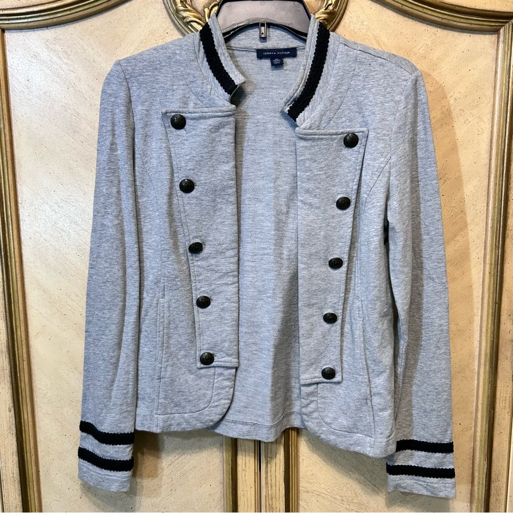 Tommy Hilfiger Gray & Black Embellished Open Front Military Blazer Jacket